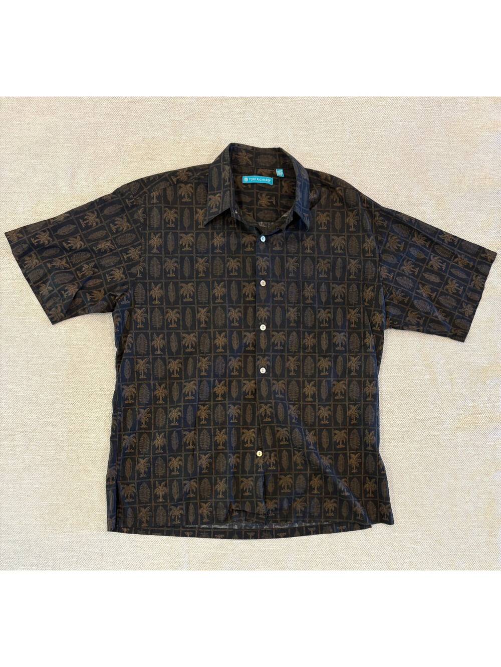 Tori Richard Cotton Lawn Hawaiian Aloha Shirt Mens M Black Brown Palm Tile Hawai